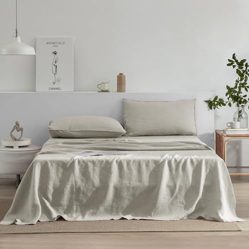 EVERLY Linen Sheets Set Twin Size,100% French Pure Linen Sheets Set,3Pieces (1Flat Sheet,1Fitted Sheet,1Pillowcase) Suitable for Hot Sleepers, Stonewash Not Dyed Deep Pocket Natural Linen Bedding Set