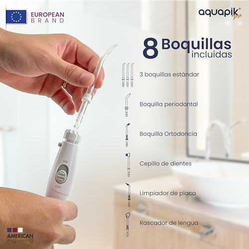 Irrigador dental Aquapik PRO sobremesa | 10 niveles de presión, Rotación 360º, 600 mL, 8 boquillas, manguera 100 cm, impermeable IPX7 | Elimina la placa, protege las encías y cuida tu ortodoncia - imagen 5