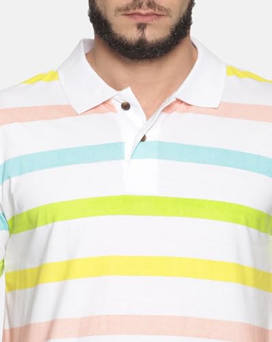 Image of KRYPTIC Men White Stripes Printed Polo Collar Pure Cotton T-Shirt (White;XL)
