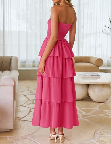 Image of ZESICA Women's Summer Boho Strapless Maxi Dress 2026 Casual Sleeveless Off Shoulder Smocked Tiered Beach Long Sundress