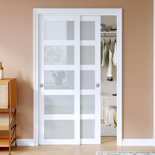 EaseLife 48"x80"(Double 25"x80") Sliding Closet Door,5-Lite Frosted Glass Bypass Sliding