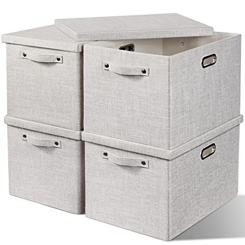 4x39L Large Storage Bins with Lids- 17″ Thick Decorative Storage Boxes with Lids Foldable Closet Storage Bins for Clothes Linen Storage Organizer Kids Boxes for Nursery Playroom Office Shelves-Beige