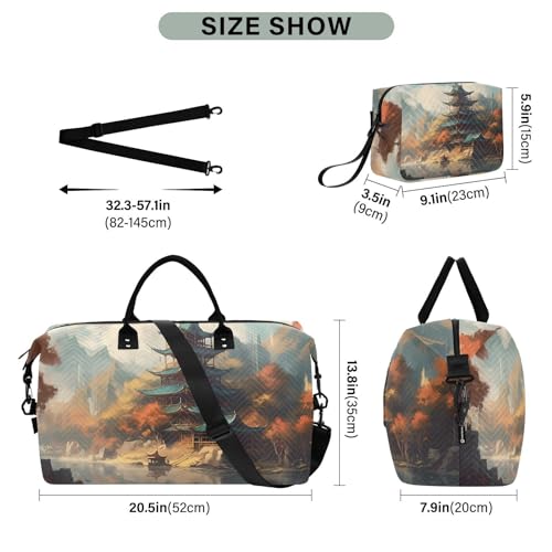 Large Travel Duffel Bag, Chinese Style Building Sports Tote Gym Bag, Shoulder Weekender Overnight Bag for Women Men, Carry On Luggage with Toiletry Bags3