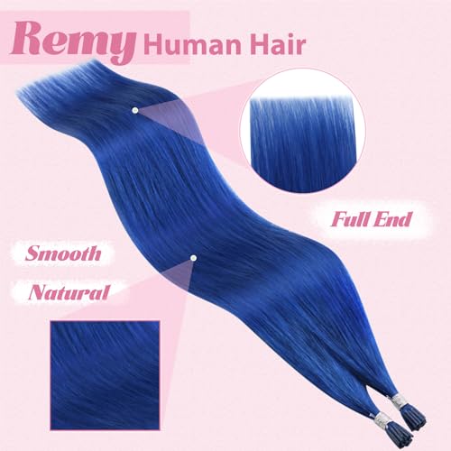 Image of YoungSee Blue I Tip Hair Extensions, 16 Inch Itips Hair Extensions Human Hair, Blue Colorful, Hair Extension I Tip, 40 Strands 25g, Experimenting with Colors
