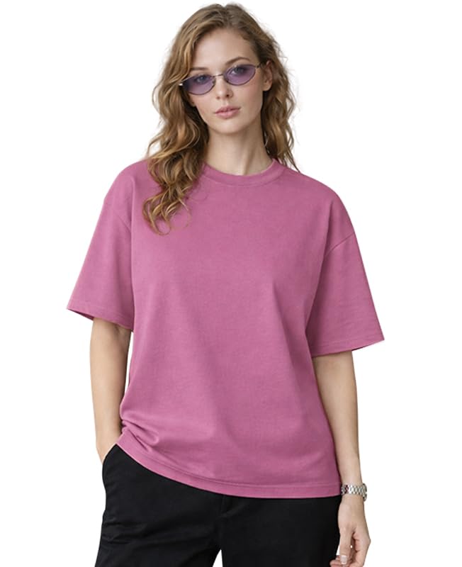 Image of SLEEPY NUTS Women Oversized T-Shirt 220 GSM Heavyweight Cotton Rich Baggy Fit Drop Shoulder Round Neck Half Sleeve