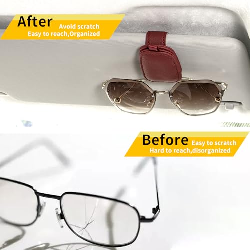 Image of Yuoyar 2 Packs Sunglasses Holders for Car Visor - Magnetic Leather Sunglasses Holder and Ticket Card Clip - Car Visor Accessories (Red)