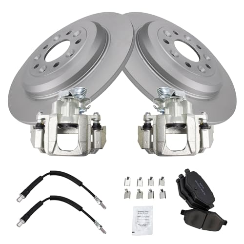 Image of TRQ Rear Brake Pad and Rotor Set Semi Metallic Coated Rotors Calipers Compatible with 2009 Ford Flex 2010-2012 Taurus 2009-2012 Lincoln MKS
