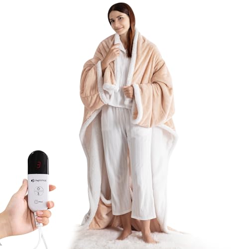 Image of OMYSTYLE Electric Blanket Wearable with Foot Pocket, Wearable Heated Blanket with Sleeves, 1-6 Heating Levels & Fixed 4 Hours Heating Time Setting, 52 * 72"+18", Beige