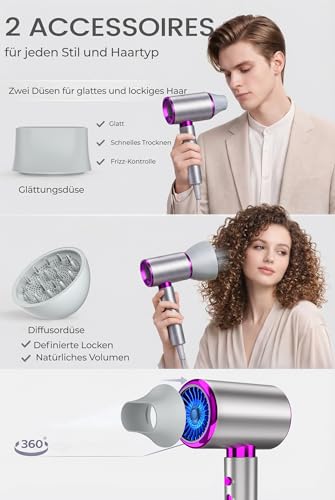 DMTIVMG 2400W Ionen-Haartrockner mit Kaltluftstufe, 3 Heizstufen & 2 Gebläsestufen, inklusive Diffusor und Stylingdüse, leiser Föhn für Zuhause