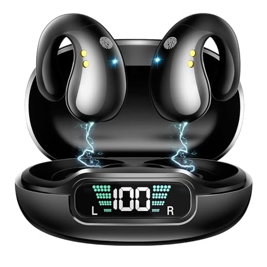 ZIDOXING Open Ear Clip Headphones, Wireless Earbuds Bluetooth 5.3 Sports Earphones Built-in Mic with Ear Hooks, 40H Playtime Charging Case LED Display, IP7 Waterproof Fitness Ear Buds for Running