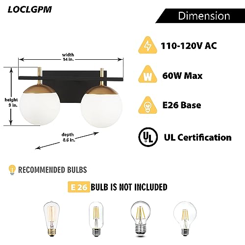 Image of Mid Century 2-Light Bathroom Vanity Light Over Mirror, Black and Gold Modern Bathroom Light Fixtures with Milky White Frosted Glass Globe Shade, Wall Sconces for Bathroom, Stairs, Kitchen