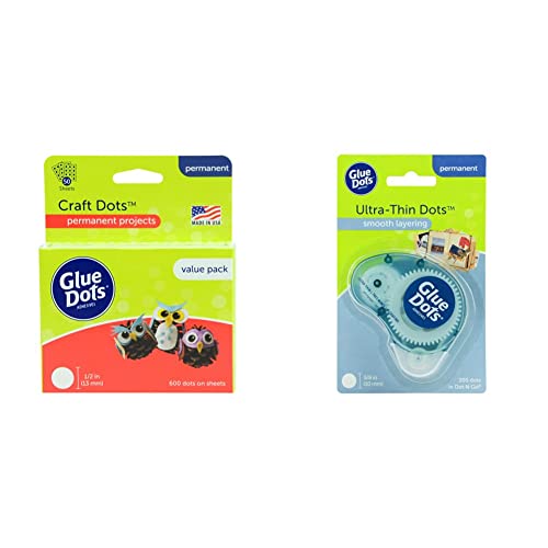 Glue Dots Double-Sided Craft Dots, 1/2'', Clear, Pack of 600 & Dot N' Go Dispenser with 300 (.375'') Permanent Adhesive Ultra-Thin Dots, Clear (04018)