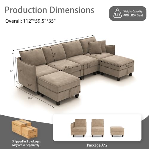 Image of Ihanherry 112 inch Modular Sectional U-Shaped Sofa, Modern 6-Seat Cloud Couch with 2 Storage Ottomans, Soft Chenille Fabric Sectional Set for Living Room Bedroom Apartment, Brown