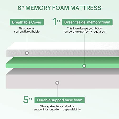 Image of PayLessHere Queen Size Mattress,Fiberglass Free 6 Inch Green Tea Cooling Gel Memory Foam Mattress in a Box,Medium-Firm,Pressure Relief&Temperature Regulation,CertiPUR-US Certified,White