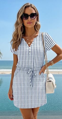 Image of Womens Summer Casual Dresses Short Sleeve Striped Dress Boho Beach Vacation Tie Drawstring Waist Sun Dresses with Pockets