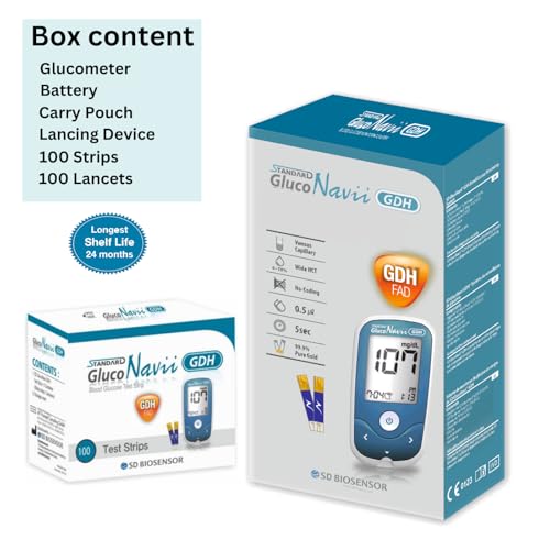 Image of Standard GlucoNavii GDH Blood Sugar Monitor - Complete Diabetes Testing Kit with Glucose Monitor, 100 Test Strips, 100 Round Lancets & Case - Code-Free Blood Glucose Monitors for Accurate Diabetic Monitoring (GlucoNavii mmol /L + 100 (RL + Strips))