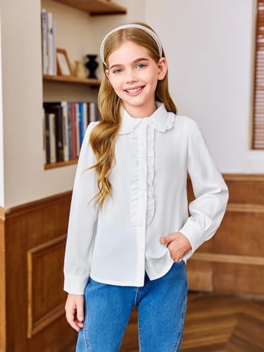 Haloumoning Girls Puff Long Sleeve Shirts Cute Casual Peter Pan Collar Blouse Ruffle Button Down Chiffon Tops 7-14 Years3