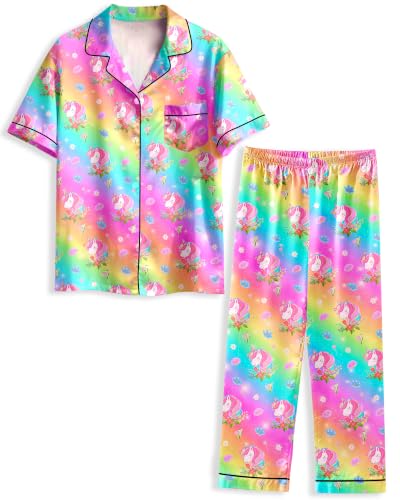 Nidoul Girls Pajamas Silky Short Sleeve Long Pants Rainbow Unicorn Jammies Satin Sleepwear Pjs Set for Toddler Kids 5T Size 6