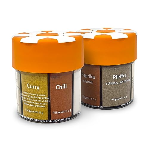 6 in 1 Gewürzstreuer von ration1, 2er Pack, Mehrfachstreuer mit 6 Gewürzen, Salz, Knoblauch, Curry, Paprika Edelsüß, Chili, Schwarzer Pfeffer, Gewürzmischung Set für Outdoor, Camping, Wandern, Zuhause