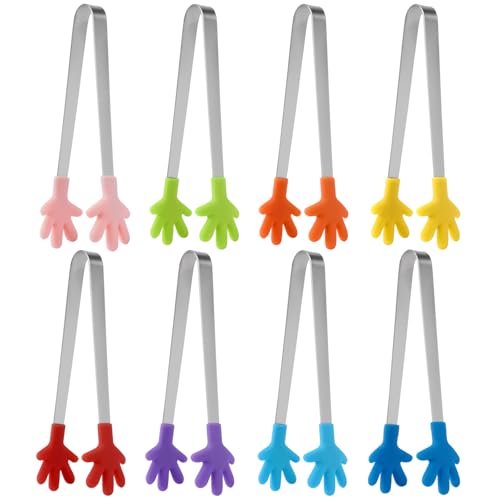 8 Piezas Coloreado Cocina Pinzas Forma Mano, Mini Pinzas Hielo Acero Inoxidable Silicona, Mini Pinzas con Silicona Antideslizante, 12.5cm Pinzas Multifuncionales para Alimentos, para Barbacoa, Buffet