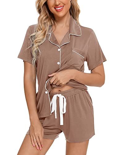 Image of Anjue Womens Pajamas Set Short Sleeve Sleepwear Button Down Nightwear Shorts Soft Pj Sets S-XXL