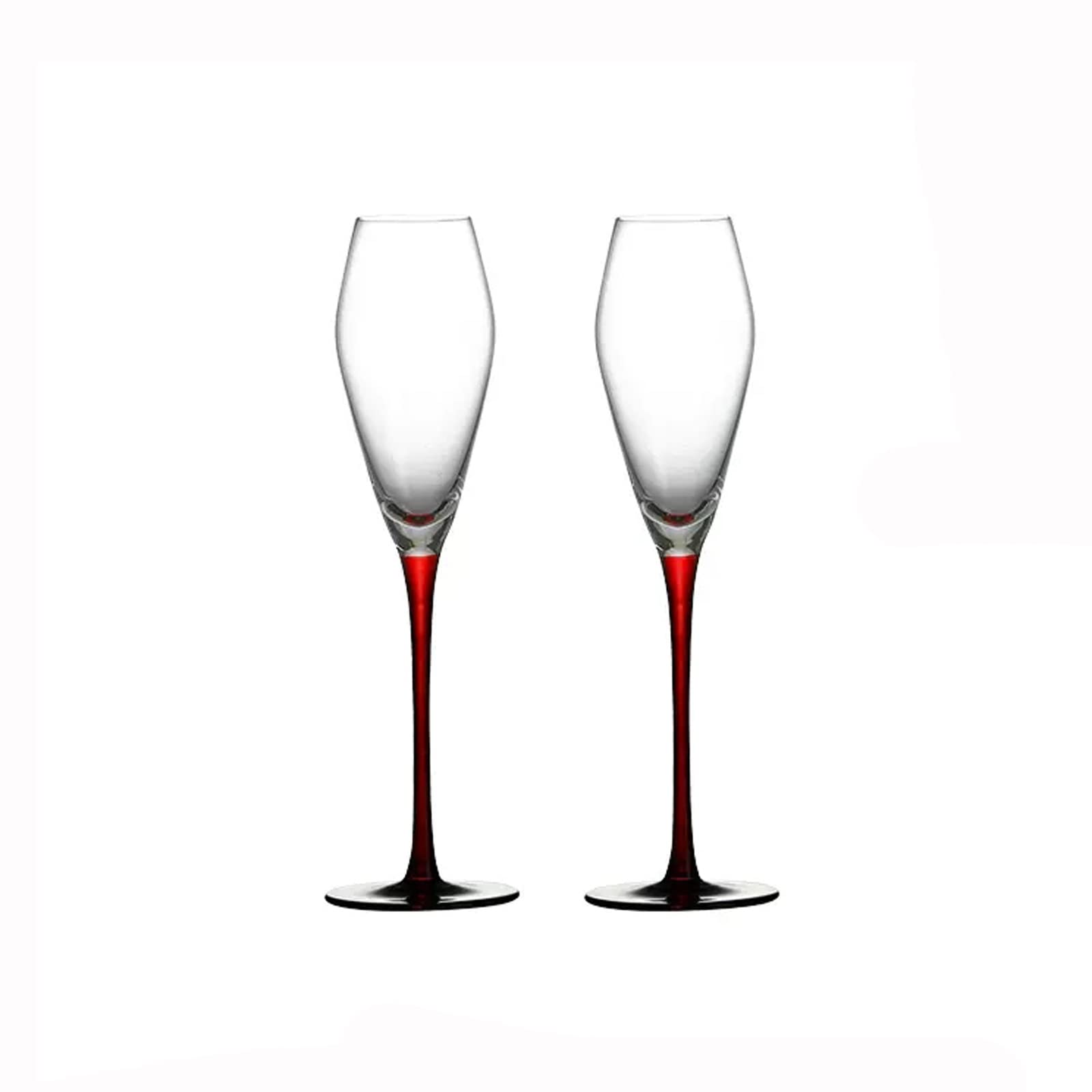 Copas de champán de cristal tallado con elegante varilla roja para brindar