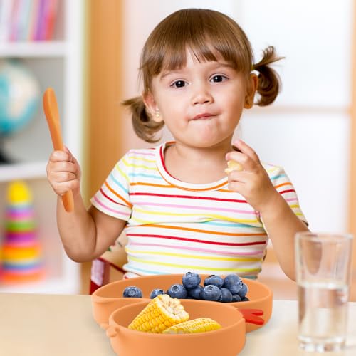 Qshare Baby Suction Plate,Silicone Suction Plate Baby with Spoon and Fork,Non Slip Self Feeding Training Divided Weaning Plates for Baby Toddler (Yellow) - Image 4