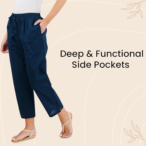 Image of Happy Bunny Parallel Pants for Women 100% Cotton Ankle Length Trousers Regular Fit with Elastic Drawstring Stylish & Pockets Casual Formal Wear for Office & Home