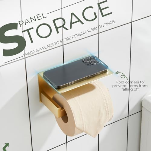 Image of KOKOSIRI Toilet Paper Holder with Shelf Toilet Roll Holder for Bathroom Restroom T-304 Stainless Steel Wall Mounted, Gold Finish, B2010BG