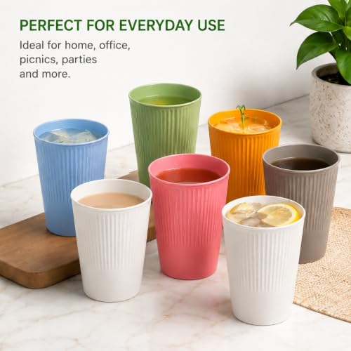 Image of Wheat Straw Cups - Set of 6 Reusable 400ml Drinking Glasses | Ribbed Unbreakable Lightweight Tumblers for Water, Juice, Tea, Coffee | Home, Kitchen, Outdoor Use (Multicolor)