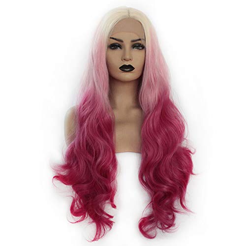 RELAS Ombre Pink Purple Red Lace Front Wigs Long Colorful Synthetic Glueless Wavy Wig for Women Half Hand Tied Heat Resistant Hair Blonde Mixed Color 20inch