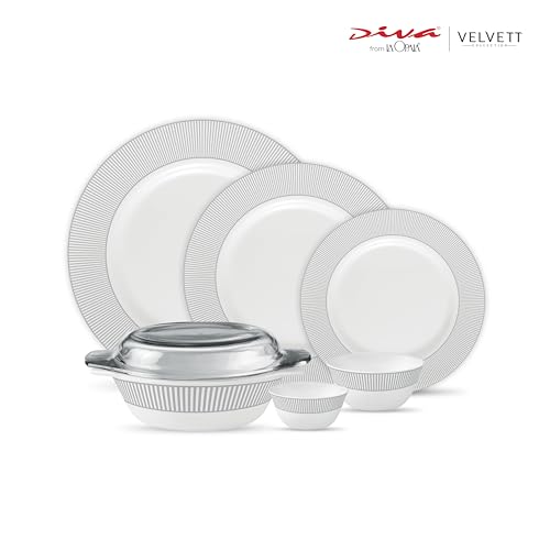 Image of La Opala Diva Velvett Collection Opal Glass Crockery | for Family of 8 | Dinner Set 45 pcs Imperial Grey | Plates & Bowls for Dining | Microwave Safe | 100% Vegetarian | Extra Strong | Light & White