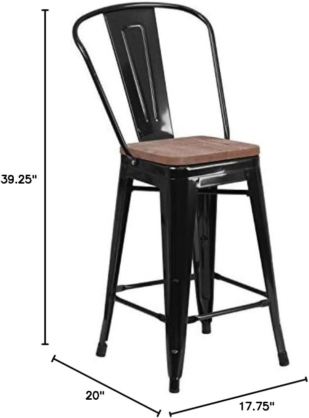 Taylor + Logan 24 Inch High Metal Counter Height Stool with Back and Wood Seat, Black
