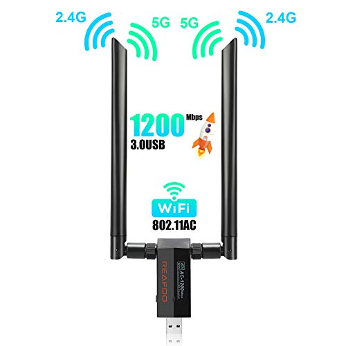 REAFOO Adaptador WiFi USB 3.0 USB 3.0, 5 dBi inalámbrico WiFi Dongle con 2 antenas de banda dual, soporte para computadora portátil de escritorio con Windows XP/Vista/7/8/10, Linux2.6X, Mac OS X 1200M