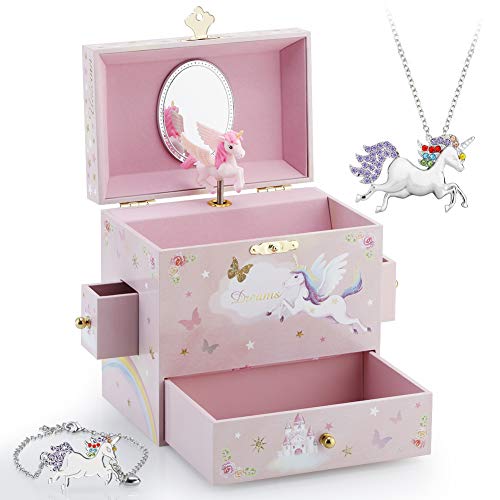 Kids Musical Jewelry Box for Girls with 3 Drawers and Jewelry Set with Mysterious Unicorn - Over the Waves Tune Pink