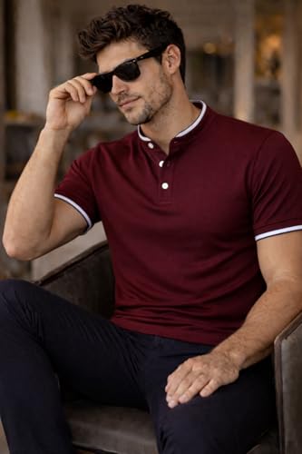 Image of Dagcros Men Polo T-Shirt, with White Trim, Short Sleeve, Button Collar Tshirt for Mens