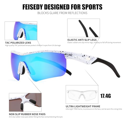 Image of FEISEDY Kids Polarized Sports Sunglasses, TR90 UV400 Baseball Cycling | LightWeight Wrap-Around for Boys Girls, TAC Polarized Lens blocks 100% UVA /UVB, Baseball /Softball /Cycling /Running B2454