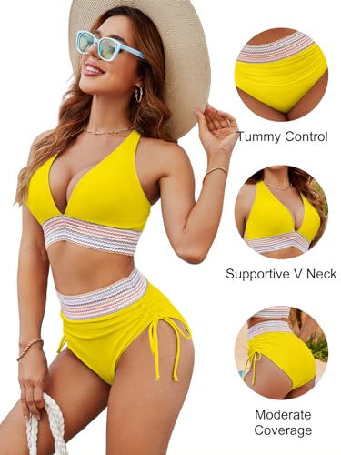Blooming Jelly Womens High Waisted Bikini Tummy Control Swimsuits Two Piece Drawstring Swim Suits 2025 (M, Yellow)4