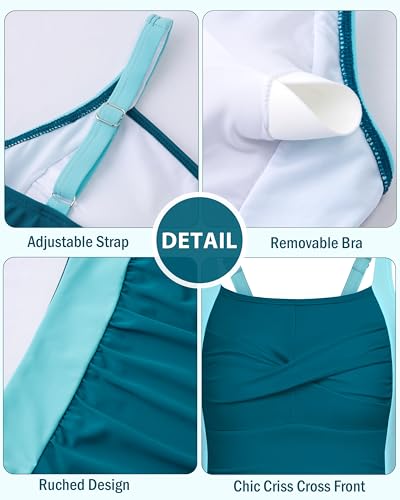 Image of DAXIANG Girls One Piece Swimsuit Modest Ruched Color Block Bathing Suit Tween Adjustable Straps Padded Swimwear Size 7-16