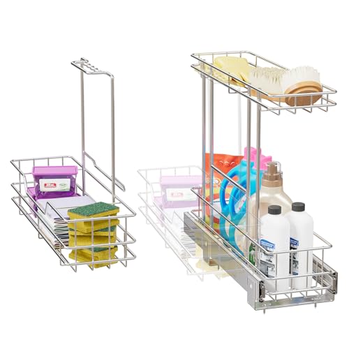 Image of 2 Tier Under Sink Organizer 11 inch W X18 D, Pull Out Cabinet Organizer One Removable Basket, Under Sink Slide Out Chrome Plated, Under Kitchen Bathroom Sink Organizer, 1 Pack