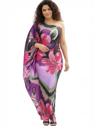 Image of KOH KOH Womens Long One Shoulder Hawaiian Flower Print Cocktail Maxi Dress