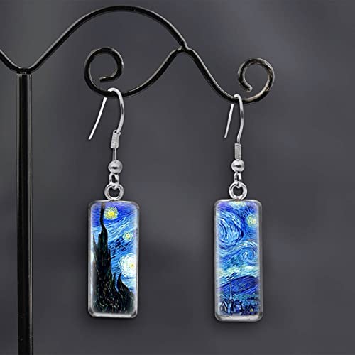 Starry Night Earrings-Painting Rectangle Creative Handcraft Gift Earrings Art Earring Drop Dangle Earrings For Women Girls Abstract Art Glass Earrings Birthday Valentine's Day Gift (Starry Night) #TOP4