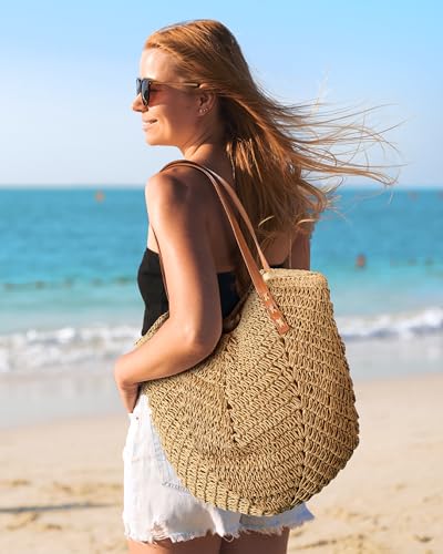 Image of Beach Bags for Women - Straw Bag with Zipper, Soft Woven beach bag, Casual Straw Shoulder Bag for Daily Use