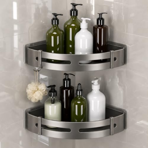 Image of Hallstatt Pack of 2, Self Adhesive Aluminum Corner Bathroom Shelf for Wall Shelf Organizer Bathrooms Shelves Rack Holder Stand for Bathroom Accessories Organiser Without Drill and with Drill Option