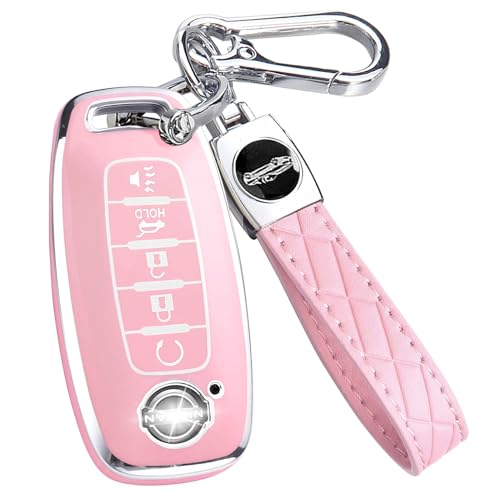 Key Fob Cover for Nissan with Keychain Accessories Premium Soft TPU Full Protection Key Case for 2023 2024 Rogue Pathfinder Versa 2025 Sentra Patrol Armada Smart Key Shells (5 Buttons Pink)