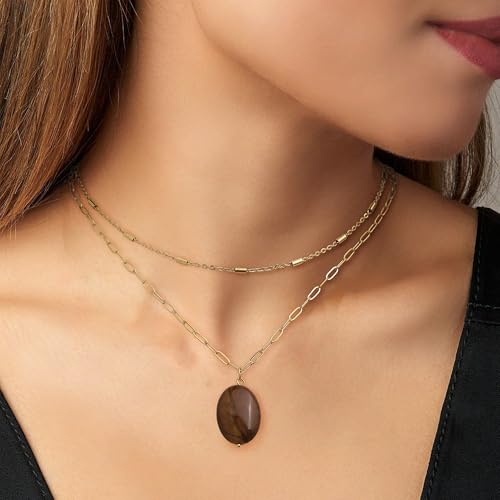 Jean Beau Gold Layered Gemstone Pendant Necklace for Women,Trendy Statement Stone Paperclip Chain Choker Everyday Prom Fashion Jewelry Gift2