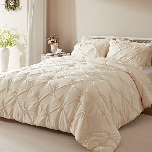 Anluoer Queen Comforter Set -Pintuck Down Alternative Comforters With 2 Pillow Shams, Soft Queen Size Bedding Comforter Sets Lightweight All Season (Cream/Ivory,88X88 Inches, 3 Pieces) #TOP1