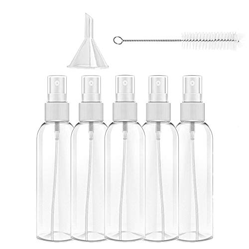 Spray Bottles - 5 Pack 3.38oz/100ml Empty Fine Mist Plastic Mini Makeup Travel Sprayer Bottle Set, Portable Refillable Liquid Containers with Funnel, label and brush