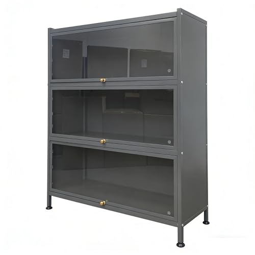 Image of 4Tier Grey Steel Freestanding Storage Display Cabinet with Flip Glass Doors