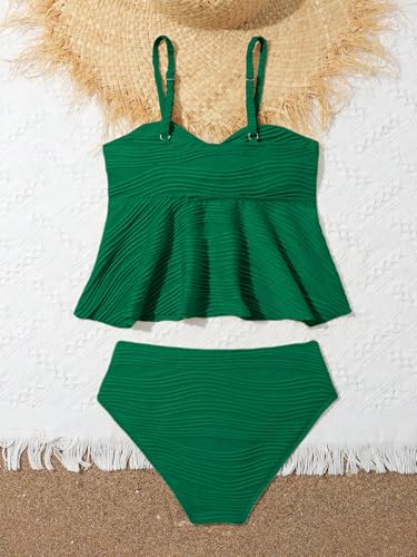 Image of OYOANGLE Girl's 2 Piece Tankini Swimsuit Textured Twist Front Ruched Ruffle Bikini Set Bathing Suits